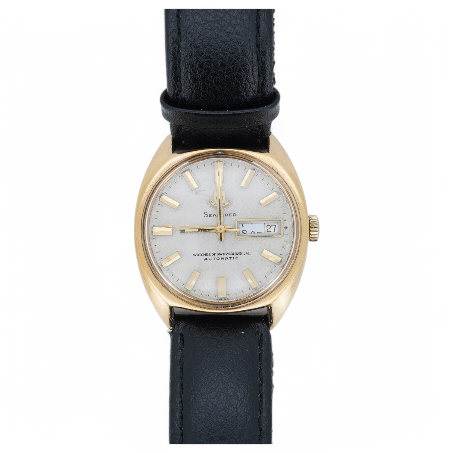 A gentleman's 9ct gold Watches of Switzerland Seafarer's automatic wrist watch, with baton numerals and day/date aperture, case diameter 35mm, on an associated leather strap. Condition - poor to fair